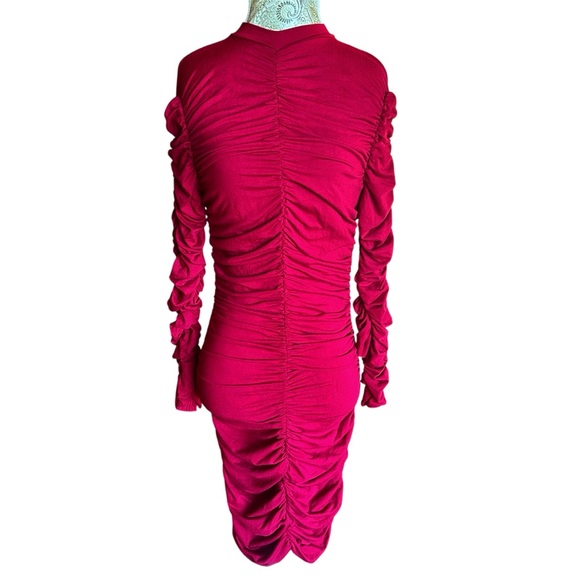 Hot Miami Styles Sexy Burgundy Ruched Long Sleeve Dress Size Medium Back Zipper - Picture 5 of 5